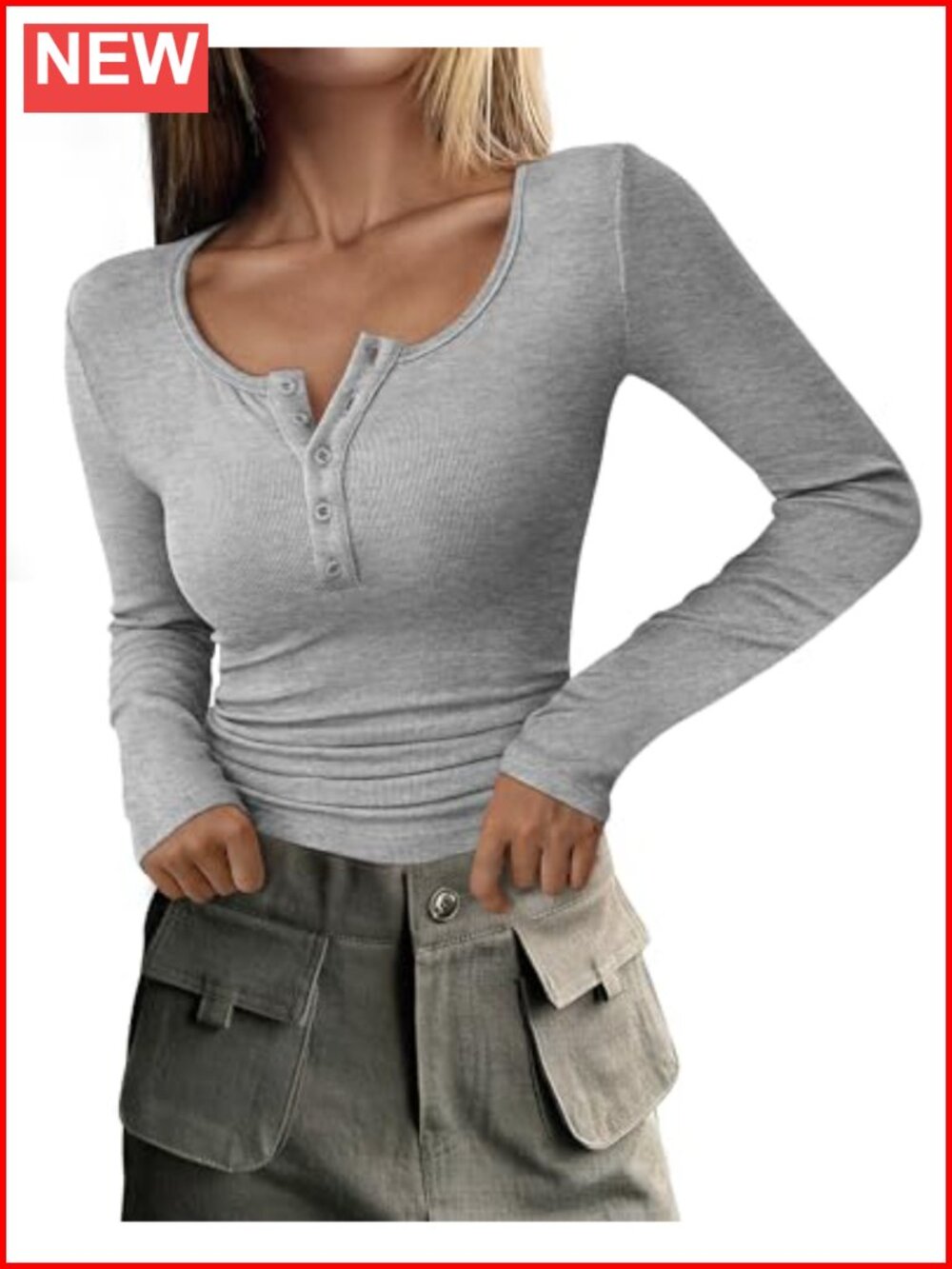 Women's Ribbed Knit Long Sleeve Henley T-Shirt Slim Fit Casual Top